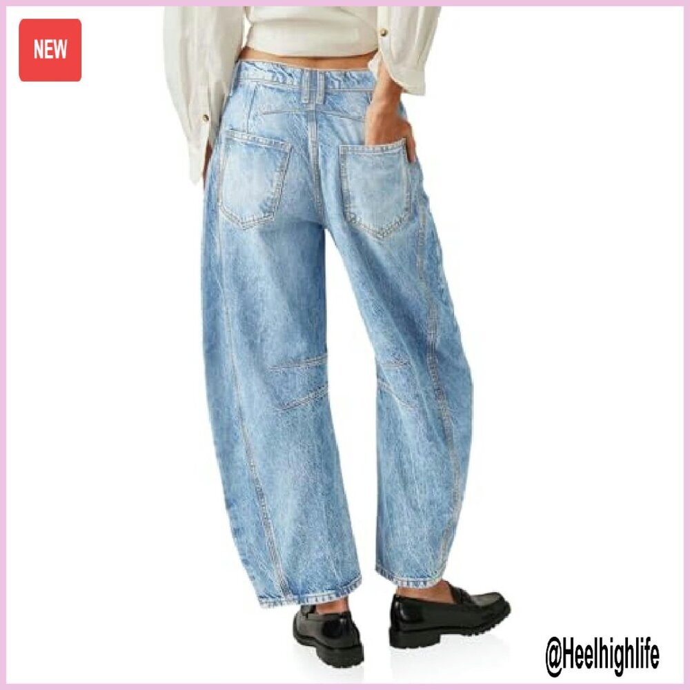 Women's Baggy Boyfriend Jeans Vintage Wide Leg Mid Rise Barrel Denim Ankle Pants - Picture 6 of 8